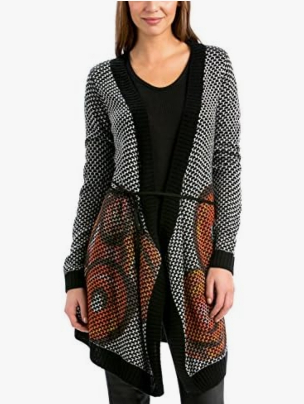 NWT Desigual Black and White Knit Long Cardigan with Multicolor Pattern Womens L